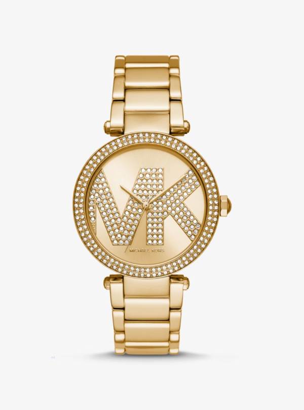 Damske Gold-tone Hodinky Michael Kors Pavé Logo Zlate - Hodinky Michael Kors Outlet | SQZEW-9012